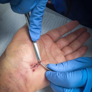 foto de retiro de puntos de sutura en una mano